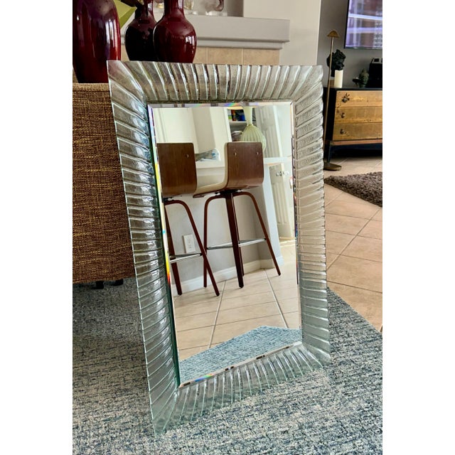 Light Green Murano Style Rectangular Undulating Molded Glass Frame Wall Mirror For Sale - Image 8 of 12