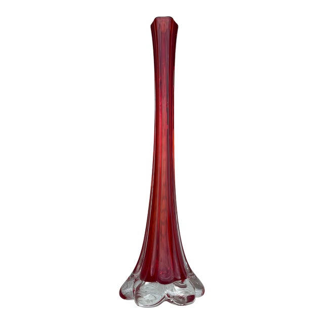Mid Century Tall Red Glass Bud Vase With Clear Elepant Foot For Sale