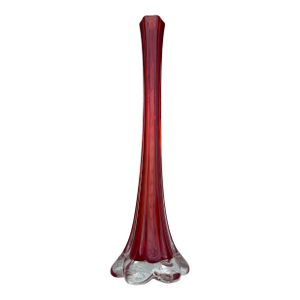Mid Century Tall Red Glass Bud Vase With Clear Elepant Foot