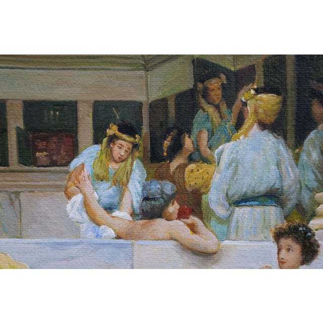 Late 20th Century Ladies Bath House Pompeii Roman Oil Painting After Sir Lawrence Alma-Tadema 31" For Sale - Image 9 of 11