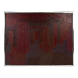1970s Vintage Abstract Red Oil Painting in Silver Frame For Sale