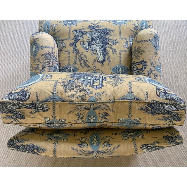 Wood Custom Pierre Frey Braquenié Beige & Blue Toile Club Chair With Manuel Canovas Trim For Sale - Image 7 of 11