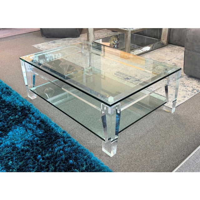 Two-Tier Lucite and Glass Coffee Table For Sale - Image 4 of 14