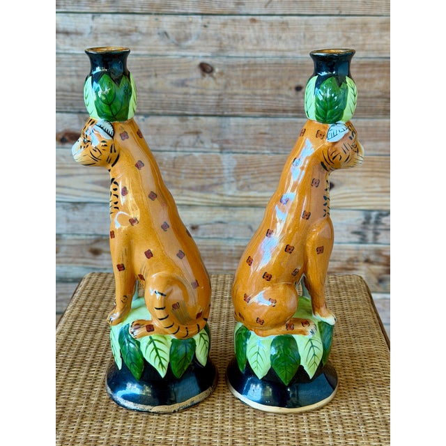 Traditional Vintage Regency Leopard Figural Ceramic Candlestick Holders Manner of Lynn Chase-Pair For Sale - Image 3 of 12