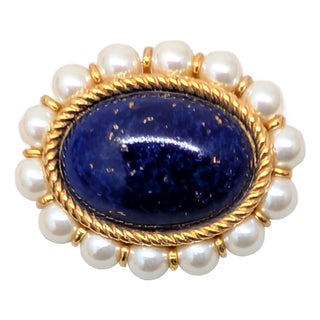 Vintage 1991 Napier Book Piece Cabochon Faux-Lapis and Faux-Pearl Brooch For Sale