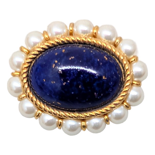 Vintage 1991 Napier Book Piece Cabochon Faux-Lapis and Faux-Pearl Brooch For Sale