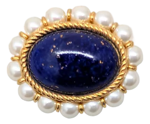 Vintage 1991 Napier Book Piece Cabochon Faux-Lapis and Faux-Pearl Brooch