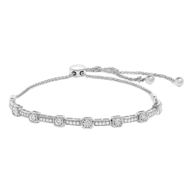 .925 Sterling Silver 1/4 Cttw Diamond 4���-10��� Adjustable Bolo Alternating Square and Rectangle Bolo Bracelet (I-J Color, I3 Clarity) For Sale