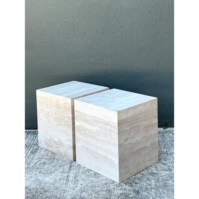Mid-Century Modern Vintage Travertine Cube Side Tables - A Pair For Sale - Image 3 of 12