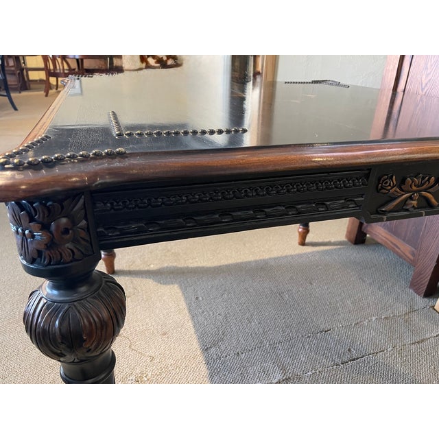 Old Hickory Furniture Company A Solid Hardwood Old Hickory Game Table Featuring a Western Motif, Highlighted by Nail Trim, Fluted Legs, and an Intricately Carved Apron For Sale - Image 4 of 11