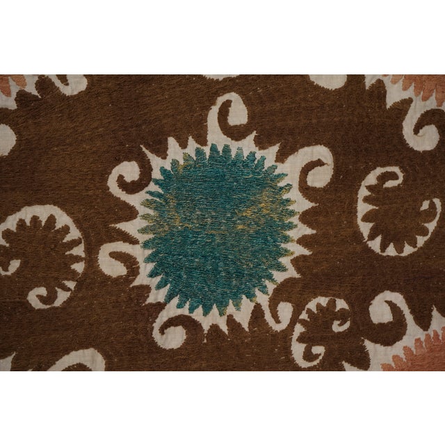 Large Terracotta Brown Suzani | Uzbek Tribal Embroidery Textile Wall Art 7'5'' X 11'6'' For Sale - Image 11 of 14