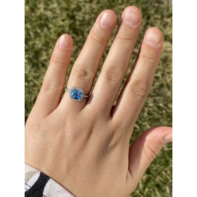 The San Bruno: Ladies 14K Checkerboard Cushion Cut Topaz and Diamond Halo Ring For Sale - Image 9 of 10