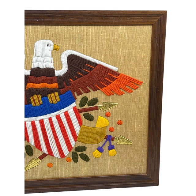 Very nice crewel Americana art depicting America’s bald eagle and American flag. Vibrant colors Framed and ready to hang!