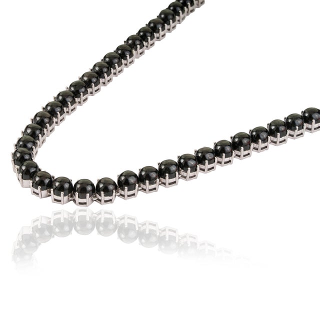Metal Victorian Style 147.37 Ct Black Star Cabochon Tennis Necklace With Drop Earrings Set - 3 Pieces For Sale - Image 7 of 15