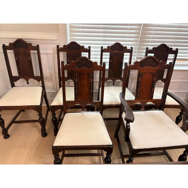 Jacobean 1920s Walnut Dining Set Table and 6 Chairs For Sale - Image 10 of 12
