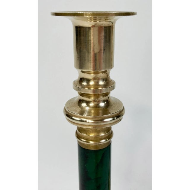 Vintage Brass and Faux Malachite Candlestick Holder Pair For Sale - Image 4 of 6