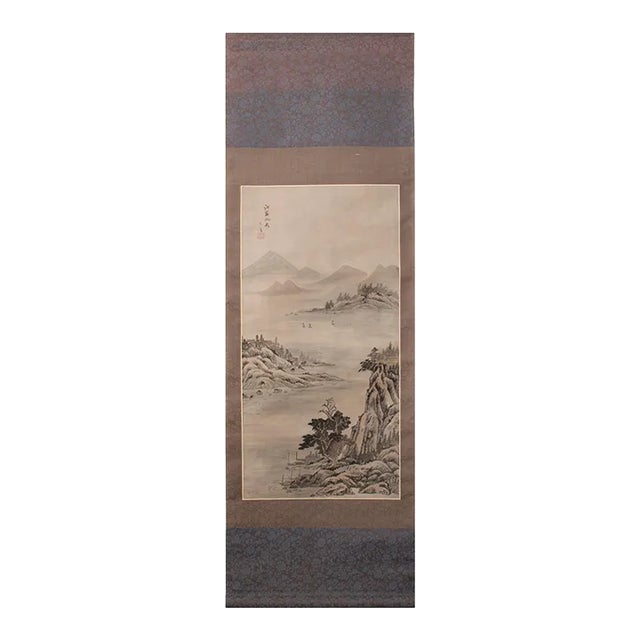 Pre-1940 Japanese Showa Silk Scroll Painting "Landscape With River and Boats" For Sale