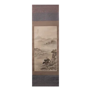 Pre-1940 Japanese Showa Silk Scroll Painting "Landscape With River and Boats"