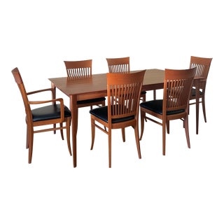 Late 20th Century Dining Set Solid Cherry Wood Table & Chairs W/Black Leather Seats. A. Sibau Designed - Set of 7 For Sale