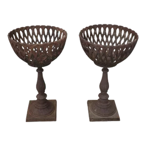 1920s Reticulated Heavy Cast Iron Classic French Pedestal Urn Planters - Set of 2