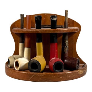 Vintage Wooden Pipe Stand, Tool and Smoking Pipes—Set of Seven For Sale
