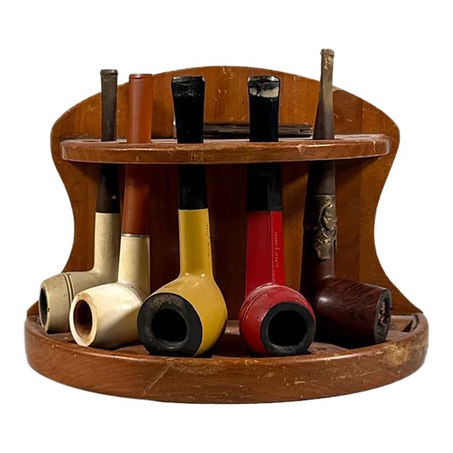 Vintage Wooden Pipe Stand, Tool and Smoking Pipes—Set of Seven For Sale