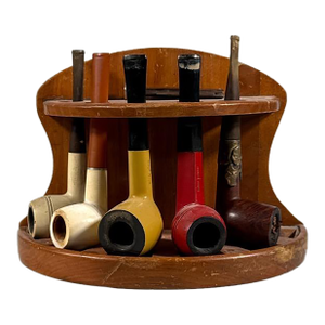 Vintage Wooden Pipe Stand, Tool and Smoking Pipes—Set of Seven