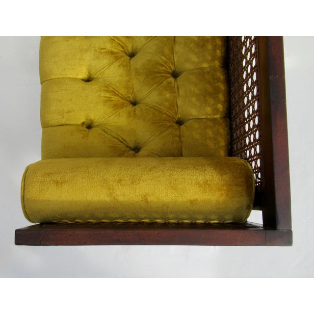 C.1970's Crushed Velvet Velour Button-Tufted Upholstered Caned Wood Bench With Bolster Pillows For Sale - Image 11 of 18