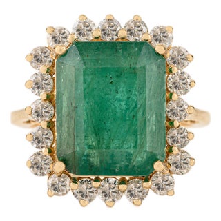 7.22Ct Zambian Emerald Halo Diamond Bridal Cocktail Ring Size 5.5 in 18k Solid Gold For Sale
