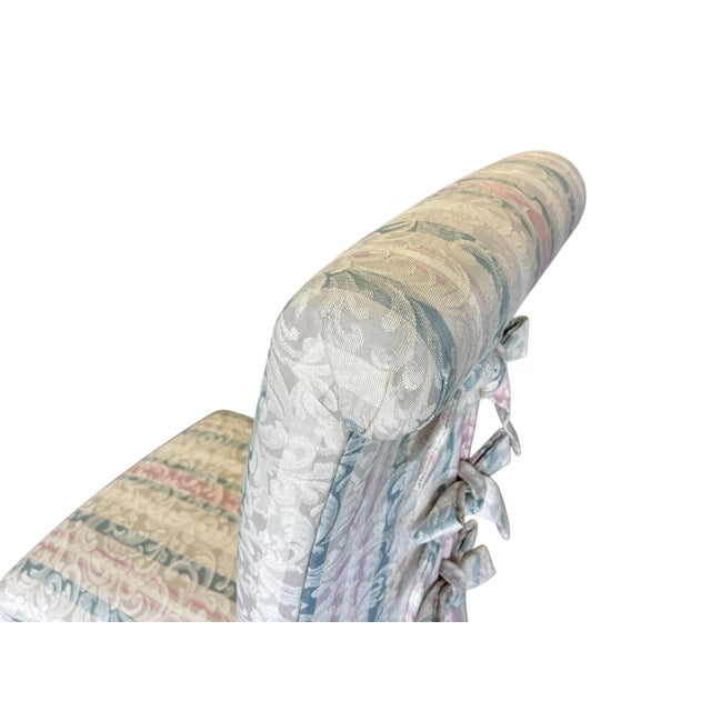 Vintage 80s/90s Designmaster Bow Tie Parsons Style Dining Chairs, a Set of Seven, Skirted, Custom Jacquard Upholstery For Sale In Naples, FL - Image 6 of 12