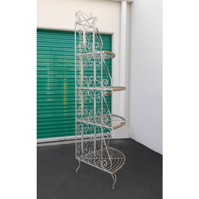 Vintage French Country White Wrought Iron & Brass Corner Bakers Rack