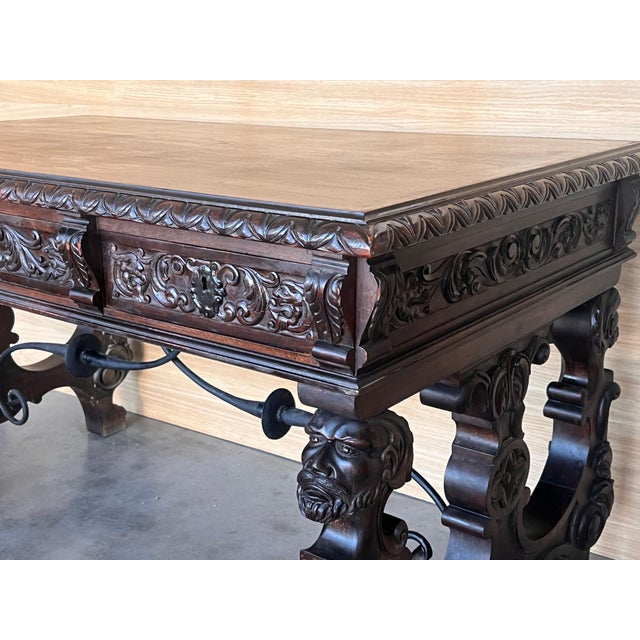 Renaissance 19th Century Spanish Two Faces Baroque Style Oak Library Table or Desk For Sale - Image 3 of 18