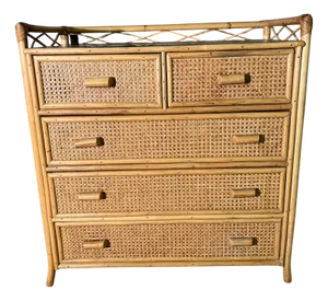 Vintage Cane and Bamboo 5 Drawer Chest of Drawers