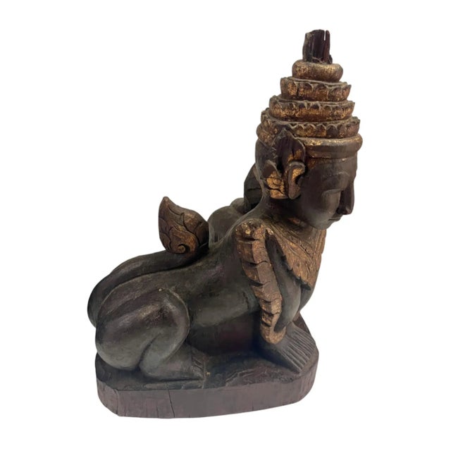 Contemporary Mythical Burmese Folklore Buddahist Carved Gold Gilt Burma Guardian Lion Statues For Sale - Image 3 of 10