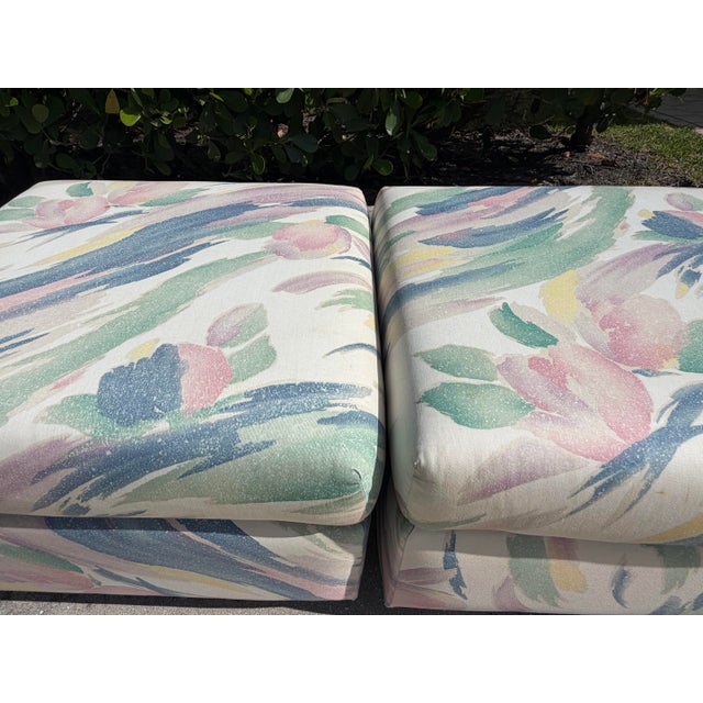 Textile Vintage Postmodern Upholstered Cube Ottomans on Brass Casters, a Pair For Sale - Image 7 of 12