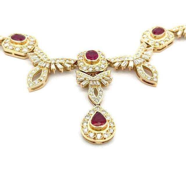 Contemporary Diamond Ruby 18ct Necklace 18k Yellow Gold Floral Leaf Style Evening Wear For Sale - Image 3 of 7