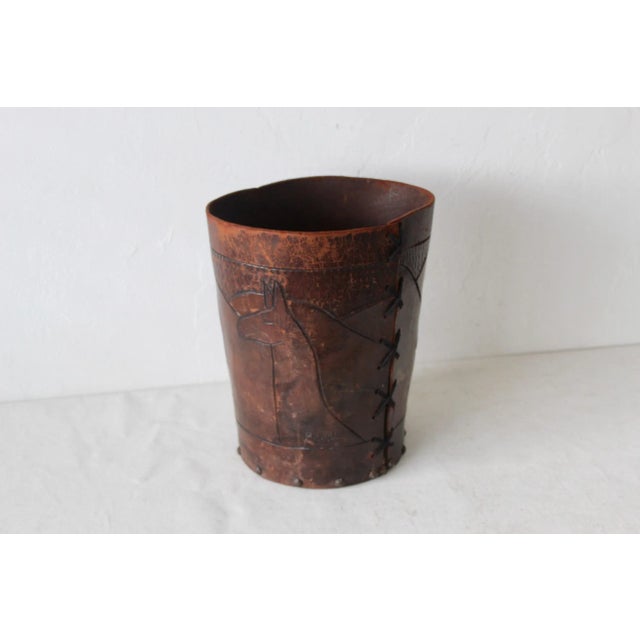 Boho Chic Handcrafted Distressed Leather Nailhead Carved Peruvian Souvenir Wastebasket Vintage For Sale - Image 3 of 12