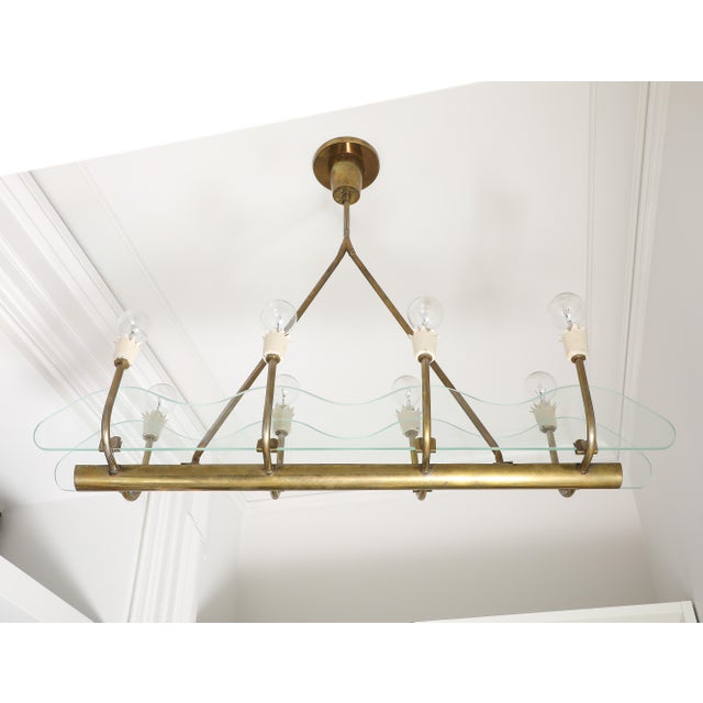 Brass 1930s Italian Art Deco Brass and Glass 8-Light Pendant For Sale - Image 8 of 15