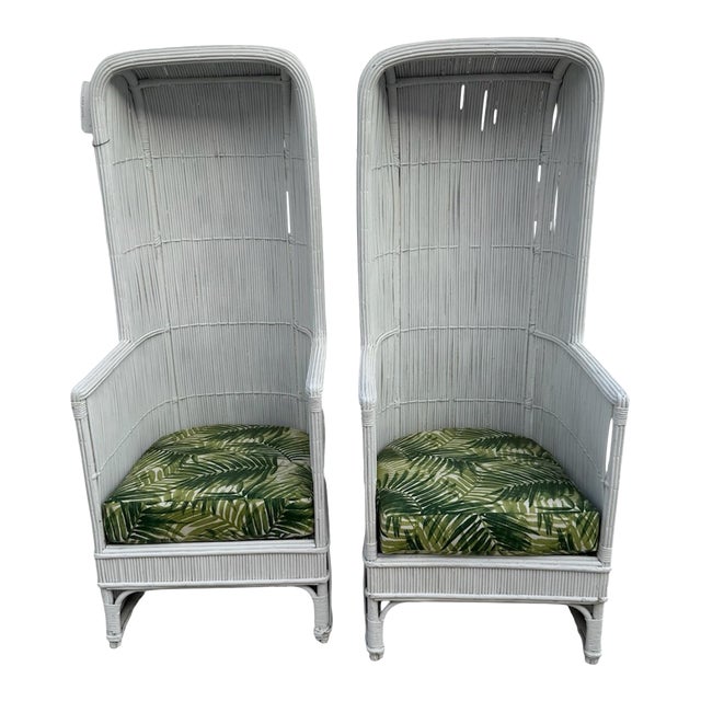 Pair of Vintage White Rattan Canopy Chairs For Sale