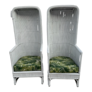 Pair of Vintage White Rattan Canopy Chairs