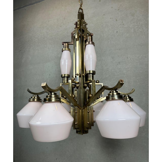 Art Deco Chandelier in Opaline and Brass, 1930s For Sale - Image 17 of 18
