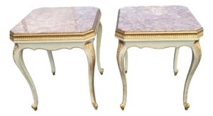 1970s Pair Italian Marble Top Side Tables Hand Painted Fruitwood Living Room Accent