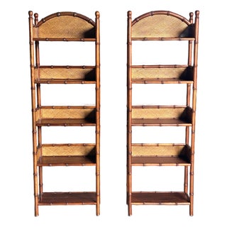 1990s British Colonial Faux Bamboo and Rattan Freestanding Shelves or Etageres- A Pair For Sale