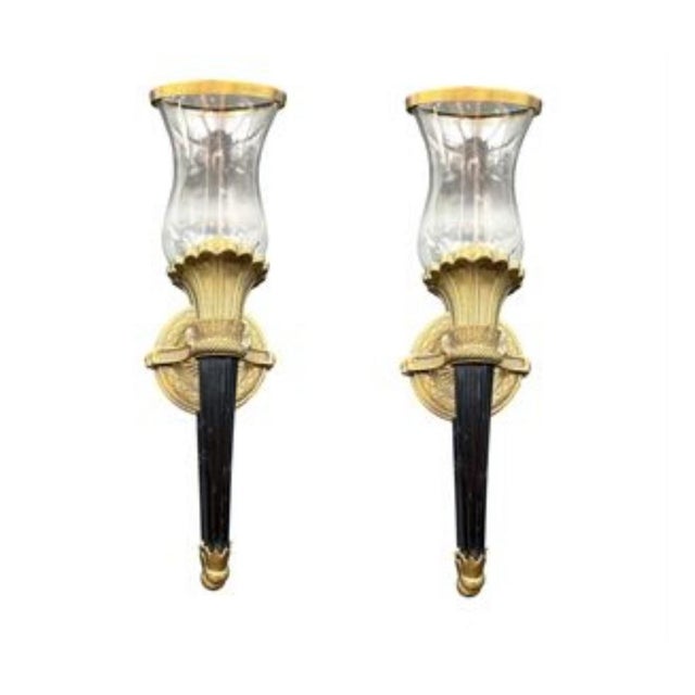 Mid 20th Century Neoclassical Cast Brass Torch Sconces — a Pair Sculptural French-Inspired Architectural Lighting For Sale - Image 9 of 9