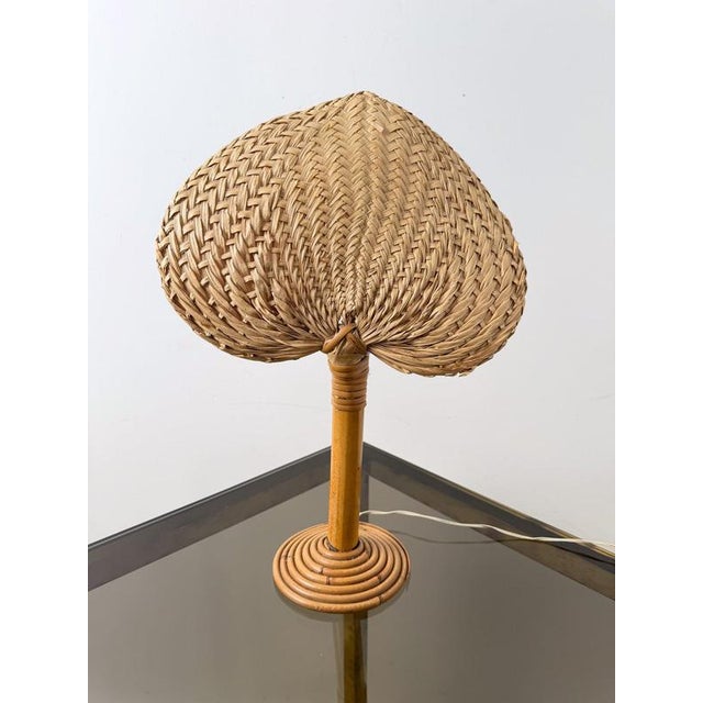 Italian Bamboo, Cane and Rattan Table Lamp with Fan-Shaped Shade in the style of Ingo Maurer, 1960s For Sale - Image 6 of 18