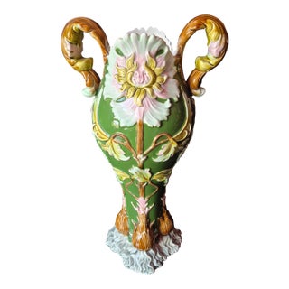 Vintage Mid-Century Italian Style Rococo Revival Green Porcelain Double-Handled Floral Vase (Jg) For Sale