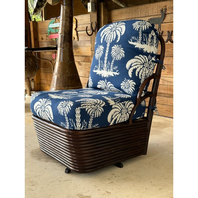 1990s Vintage Braxton Culler Stacked Rattan Swivel Lounge Slipper Chair in Thibaut Fabric For Sale - Image 5 of 13
