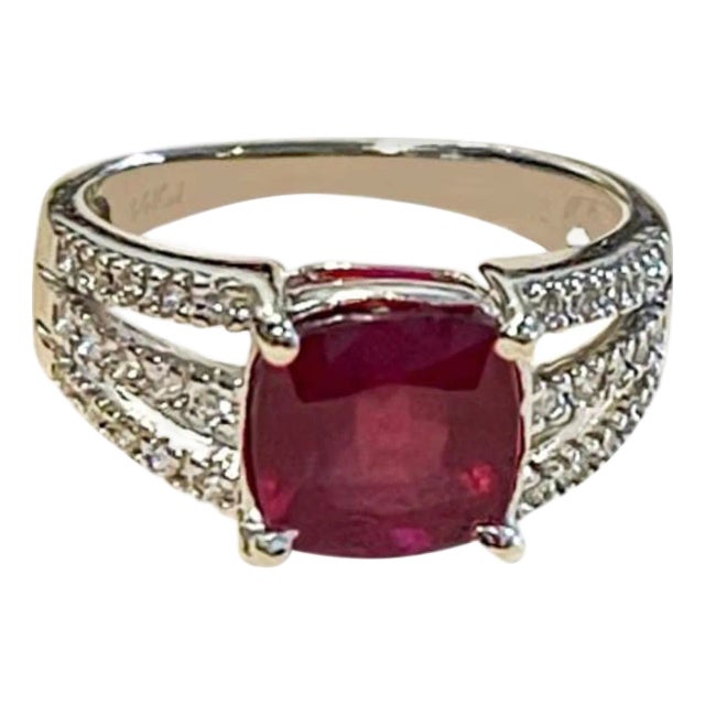 3 Carat Cushion Treated Ruby and 1 Carat Diamond 14 Karat White Gold Ring For Sale