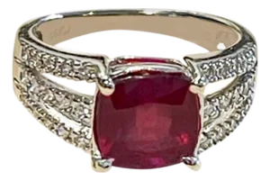 3 Carat Cushion Treated Ruby and 1 Carat Diamond 14 Karat White Gold Ring