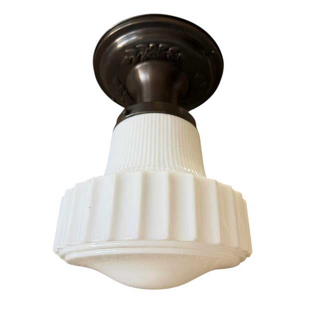 Metal 1920s Ribbed School House Style Light Fixture With Embossed Canopy For Sale - Image 7 of 9